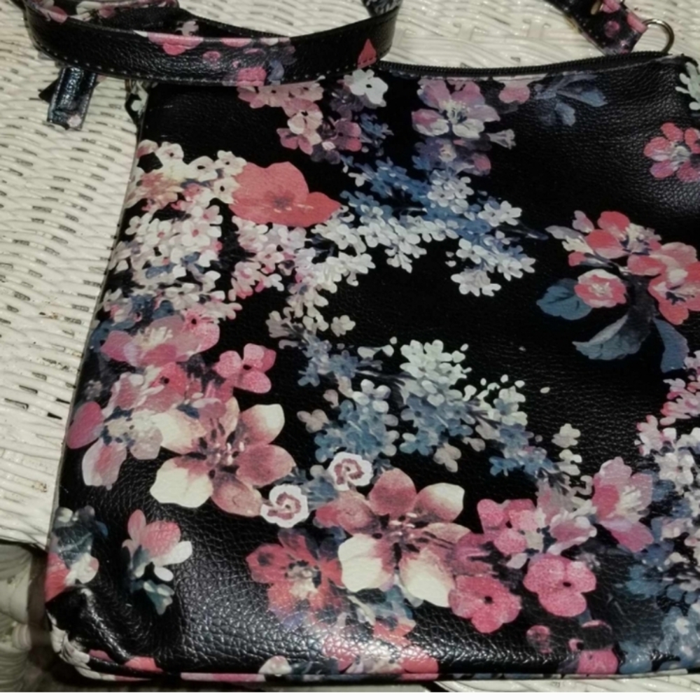 Black and Pink Floral Crossbody Bag